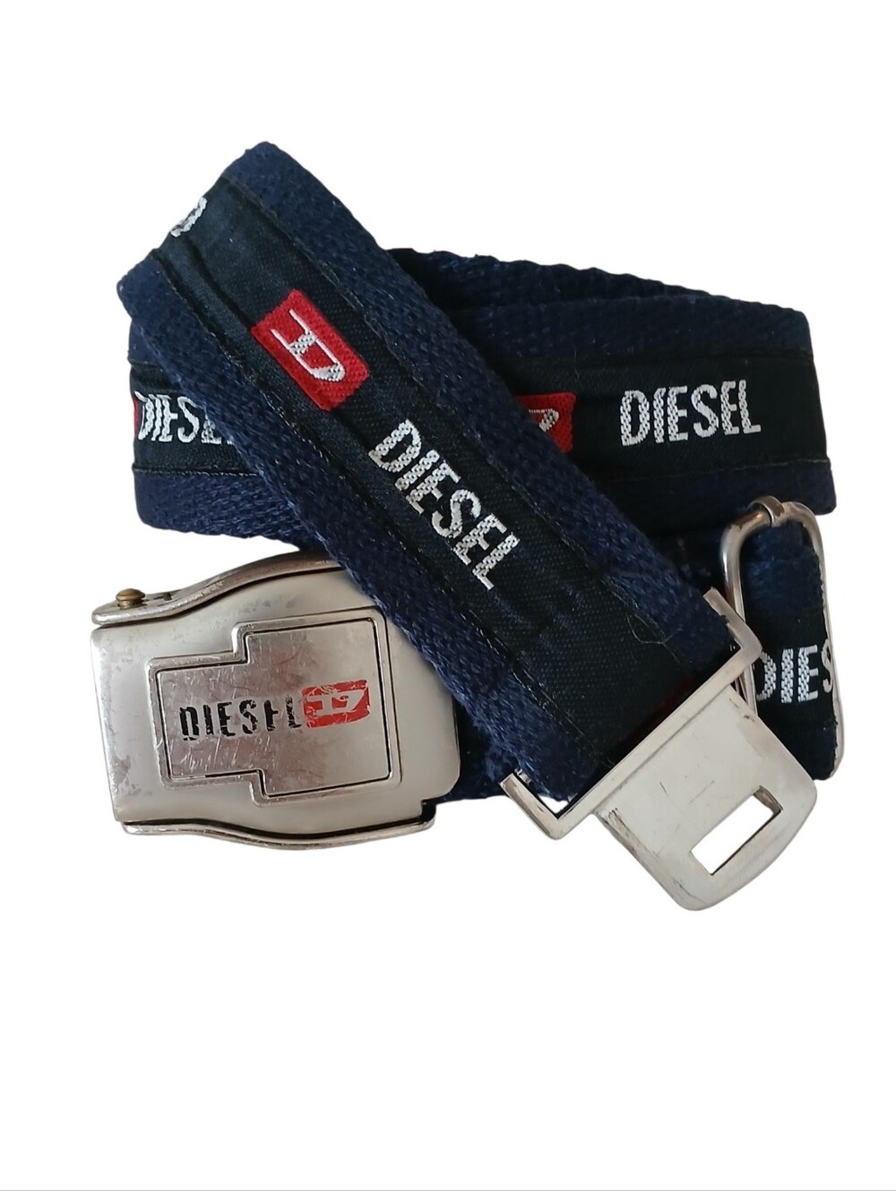 VINTAGE Y2K DIESEL Seatbelt Buckle Canvas Belt Red White Blue Adjustable  Grunge